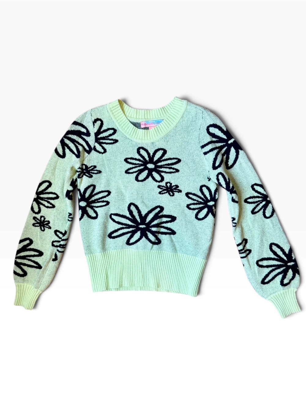 Bright Green Floral Crewneck Sweater with Black Flower Motif
